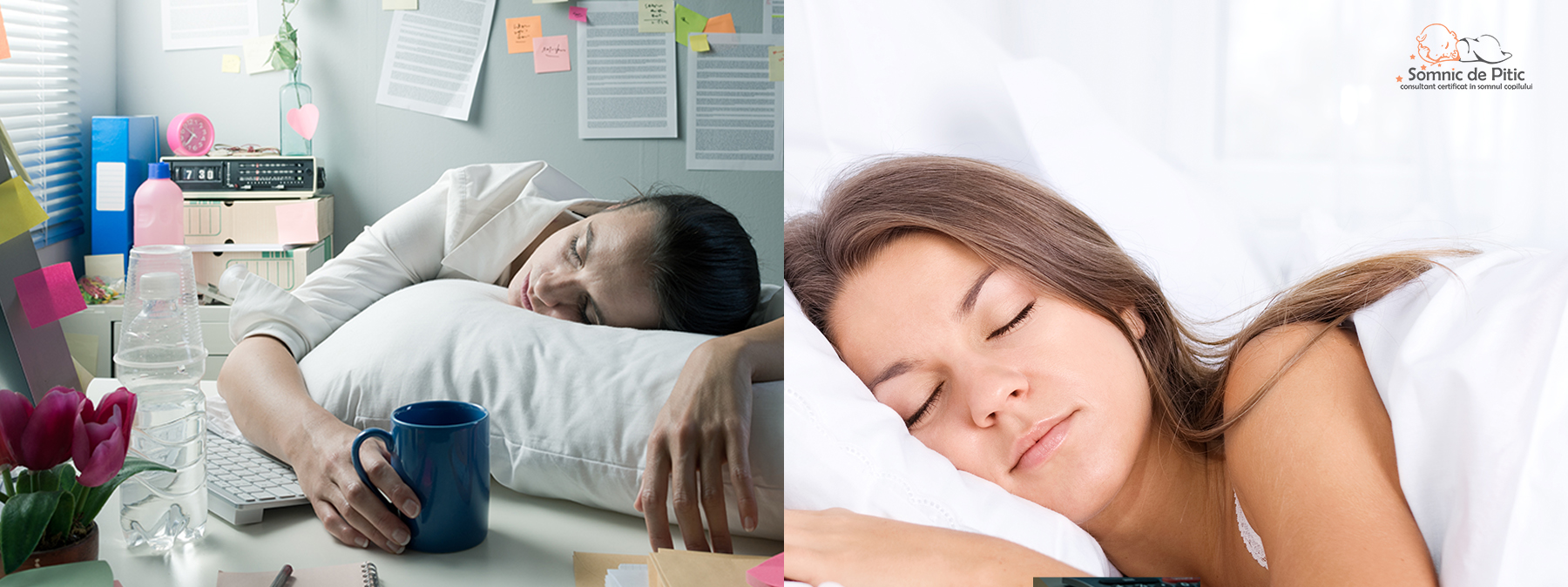 femeie care doarme in pat vs. femeie adormita la birou